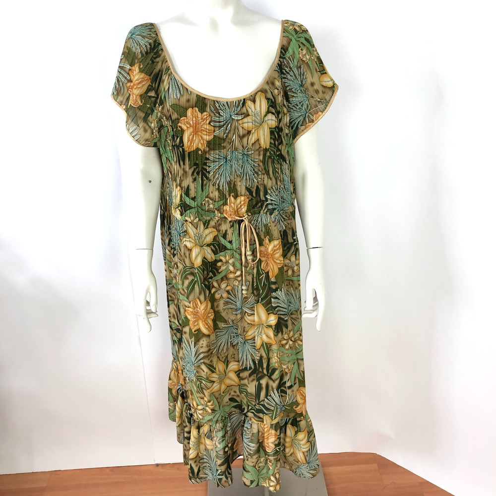 Dress Barn 18 Cottage Core Ruffled Pleated Midi Knee Dress Green Brown
